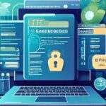 Eine blau-türkisfarbene Illustration, die verschiedene technsiche Elemente vereint wie einen Laptop und Screenshots