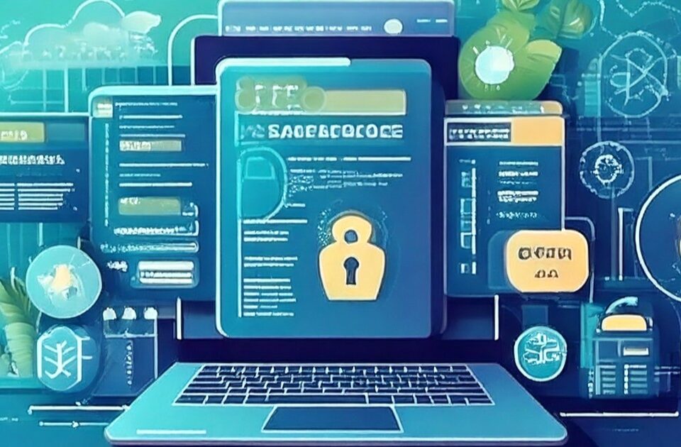 Eine blau-türkisfarbene Illustration, die verschiedene technsiche Elemente vereint wie einen Laptop und Screenshots