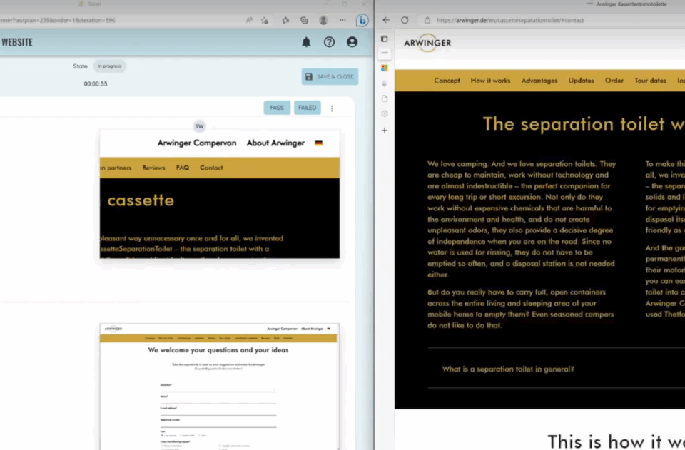 Zwei sich gegenüberstehende Screenshots: Links vom Sören-Tool, rechts von der Arwinger-Website