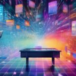 Eine futuristische Darstellung von einem Tisch, von dem aus viele verschiedene Lichtstränge ausgehen, undeutlcihe Screenshots im Hintergrund, eine Person, die auf die Lichtstränge und Screenshots schaut