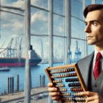 Eine Bild im Comicstil zeigt einen Mann in Businesskleidung und mit einem Abakus in den Händen; im Hintergrund ist die Elbe und ein Schiff durch die Fenster zu sehen