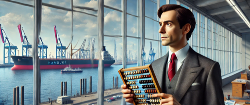 Eine Bild im Comicstil zeigt einen Mann in Businesskleidung und mit einem Abakus in den Händen; im Hintergrund ist die Elbe und ein Schiff durch die Fenster zu sehen